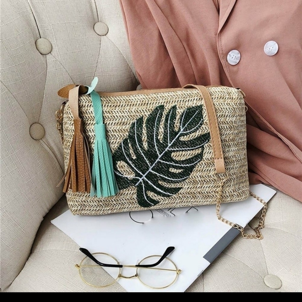 (1580) EMBROIDERY Straw Fringe Crossbody Shoulder Bag